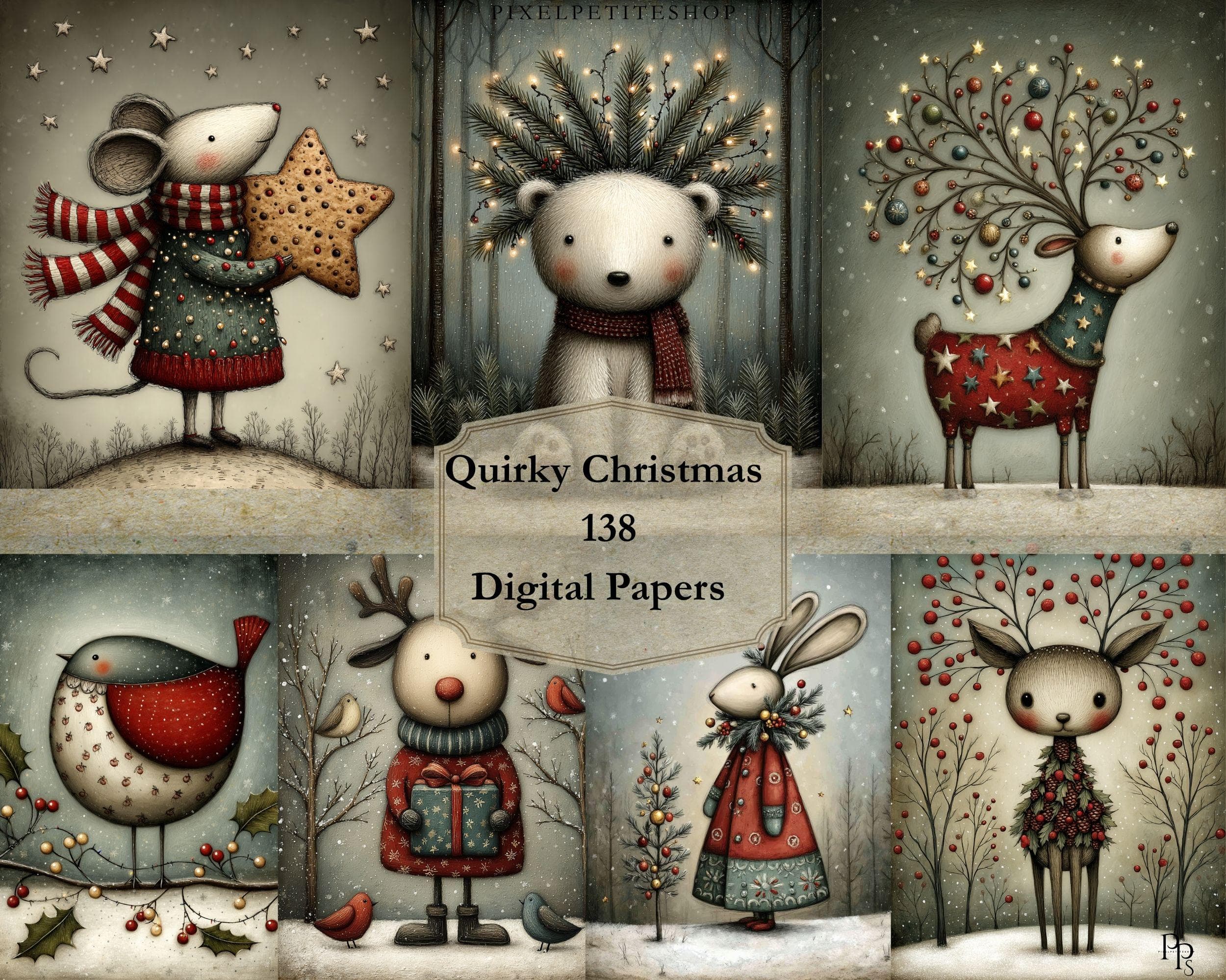 Christmas Quirky Animal Friends Junk Journal Pages – 138  Watercolor Digital Papers, Whimsical Winter