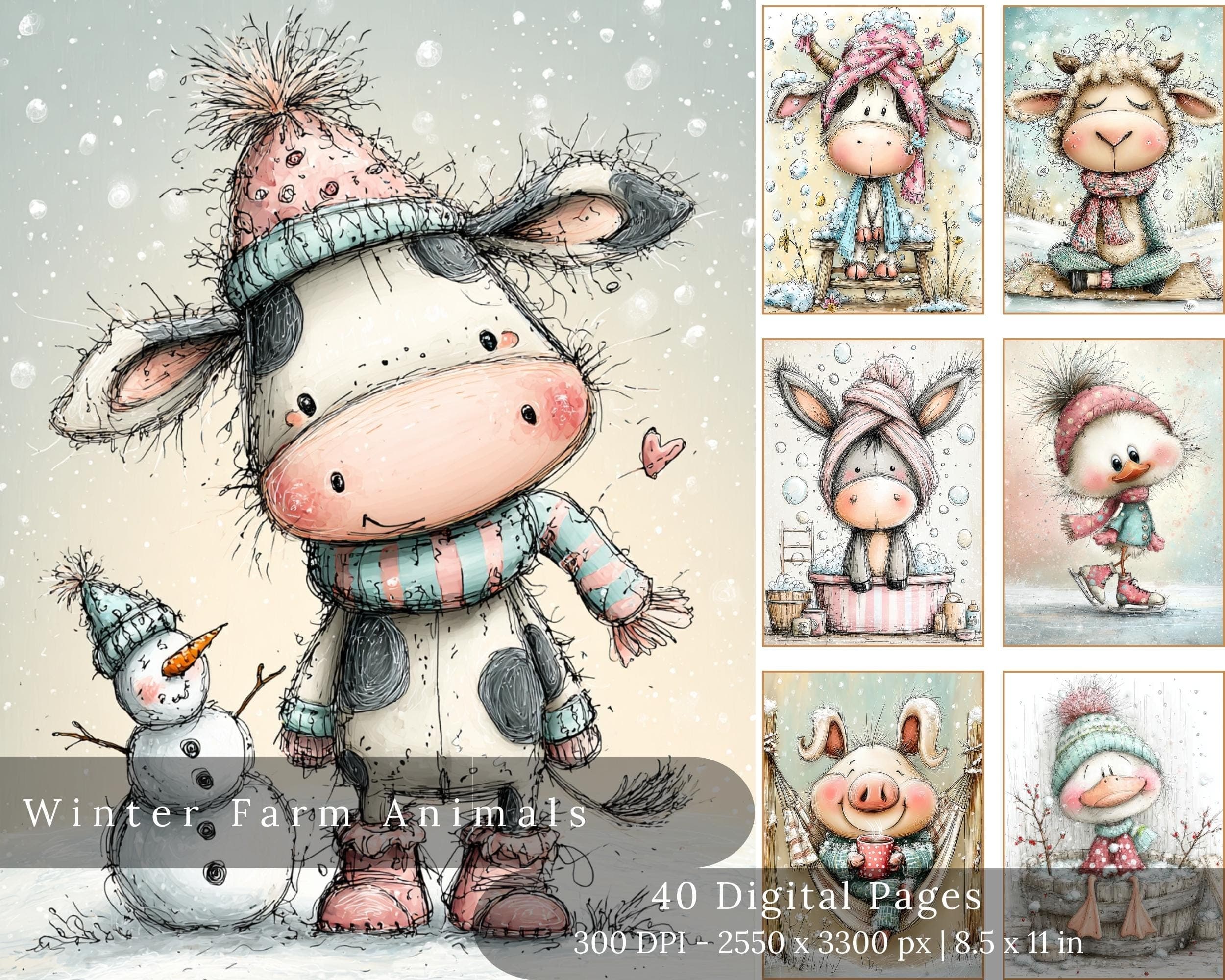 Whimsical Winter Farm Animal Digital Pages (Digital Download)