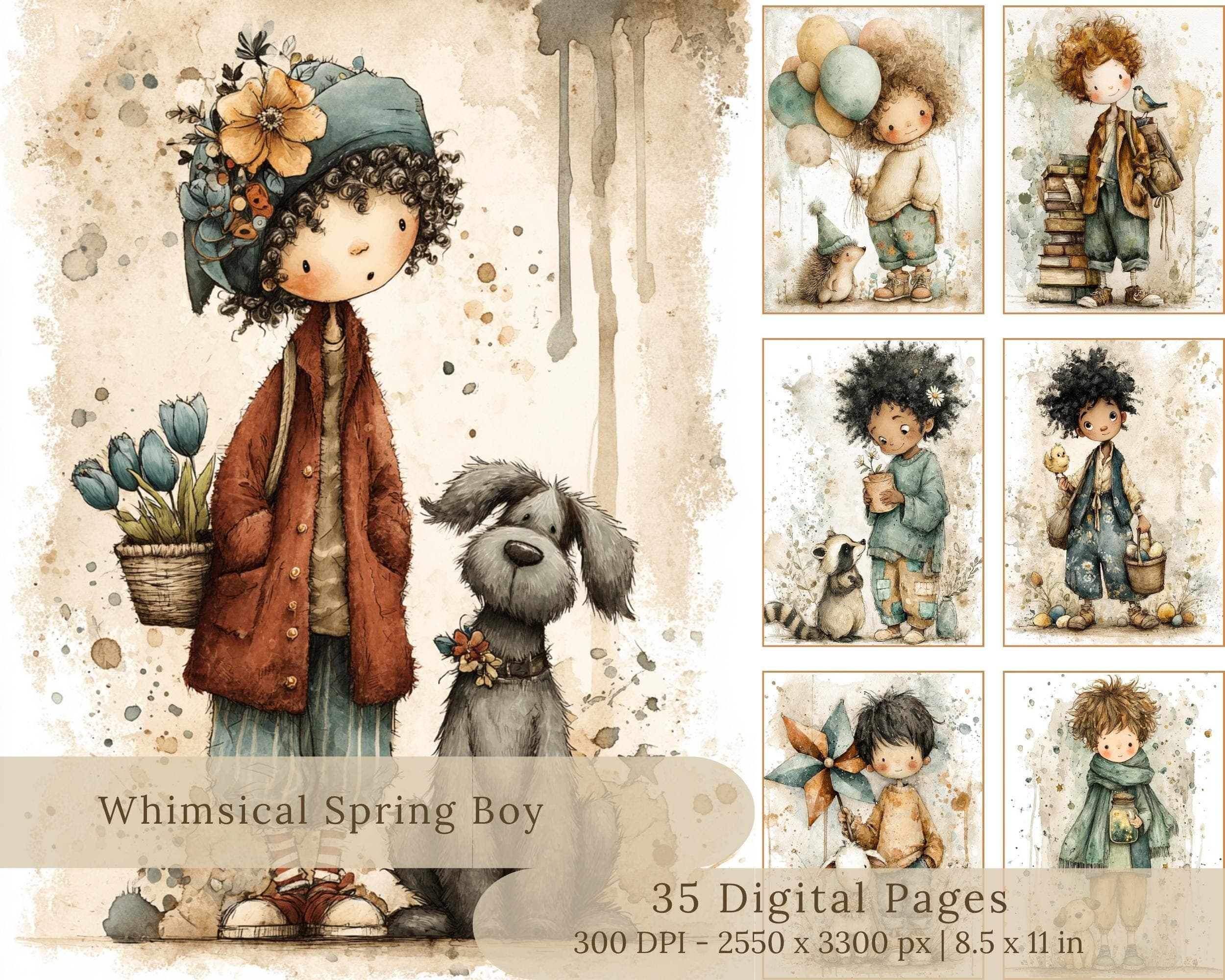 Whimsical Spring Boy Clipart | Storybook-Style Printable Junk Journal Pages (Digital Download)