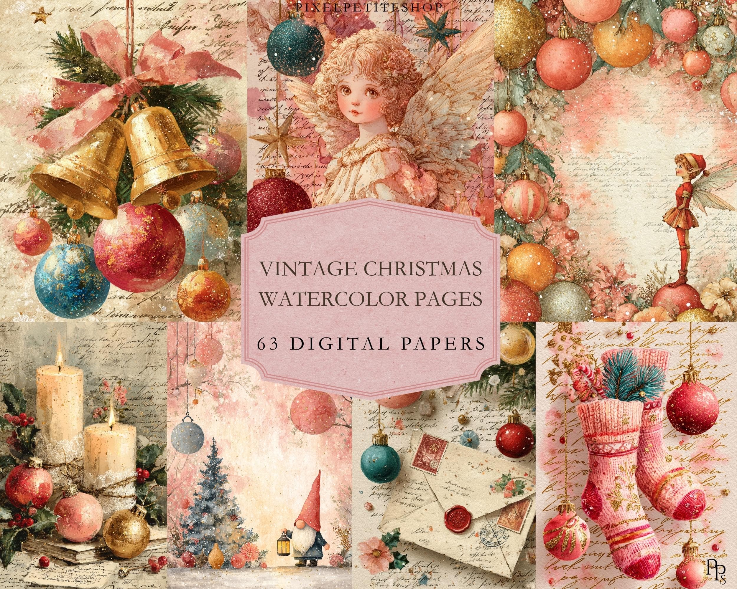 63 Vintage Christmas Watercolor Pages (Digital Download)