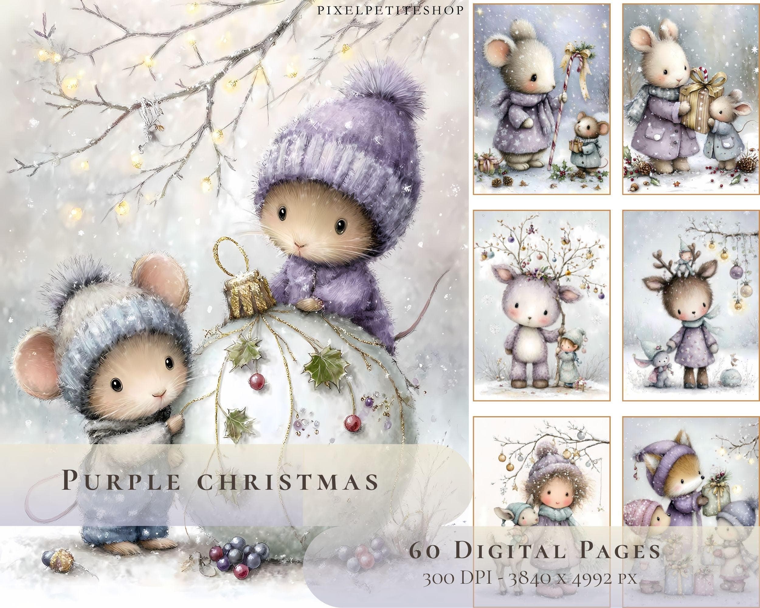 Purple Christmas – Whimsical Woodland Watercolor Winter Paper Set