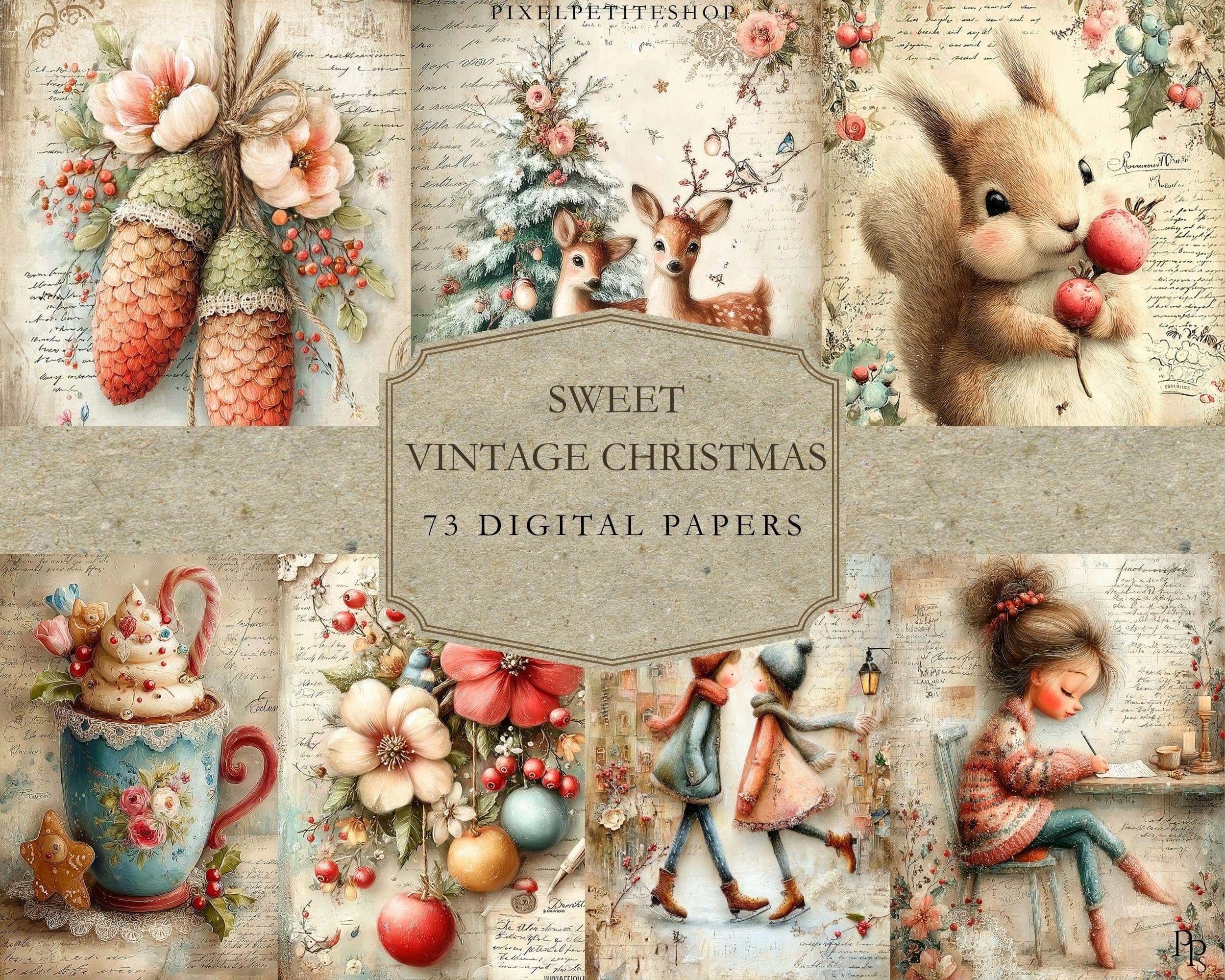 73 Sweet Vintage Christmas Digital Papers: Antique Ephemera (Digital Download)