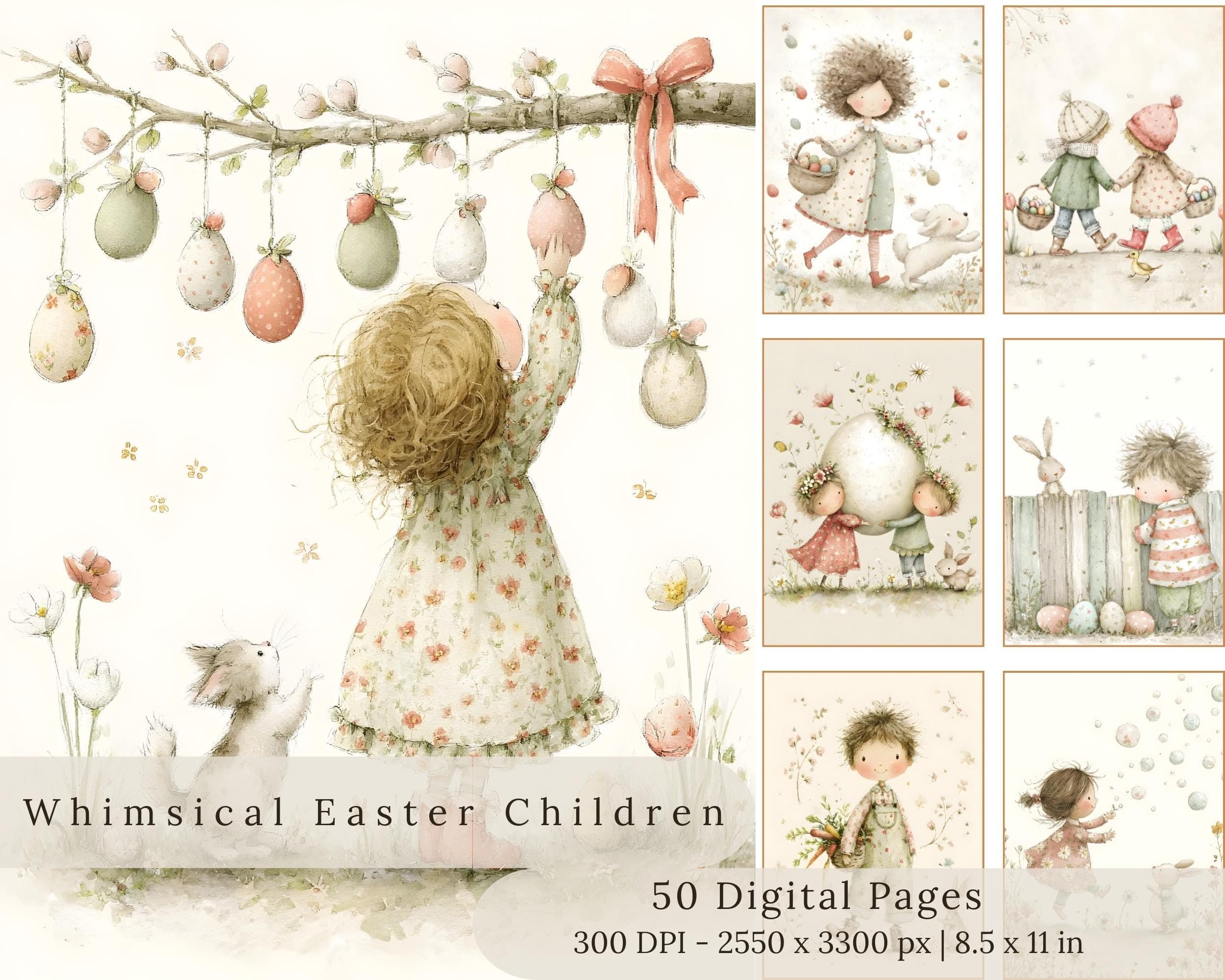 Whimsical Easter Children Digital Pages | Vintage Country Life Illustrations  (Digital Download)