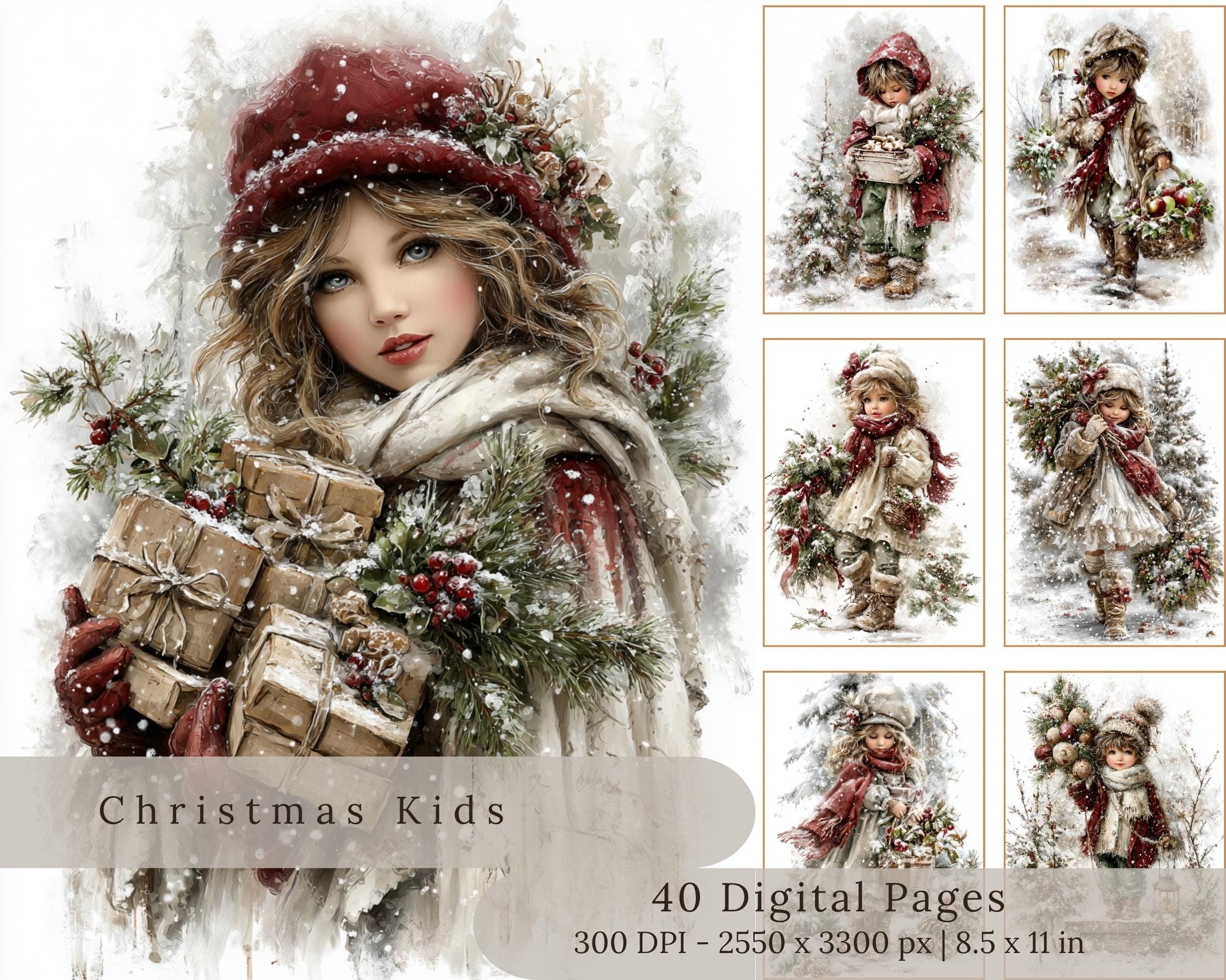 Winter Kids Junk Journal Pages | Vintage Christmas Children Bundle  (Digital Download)