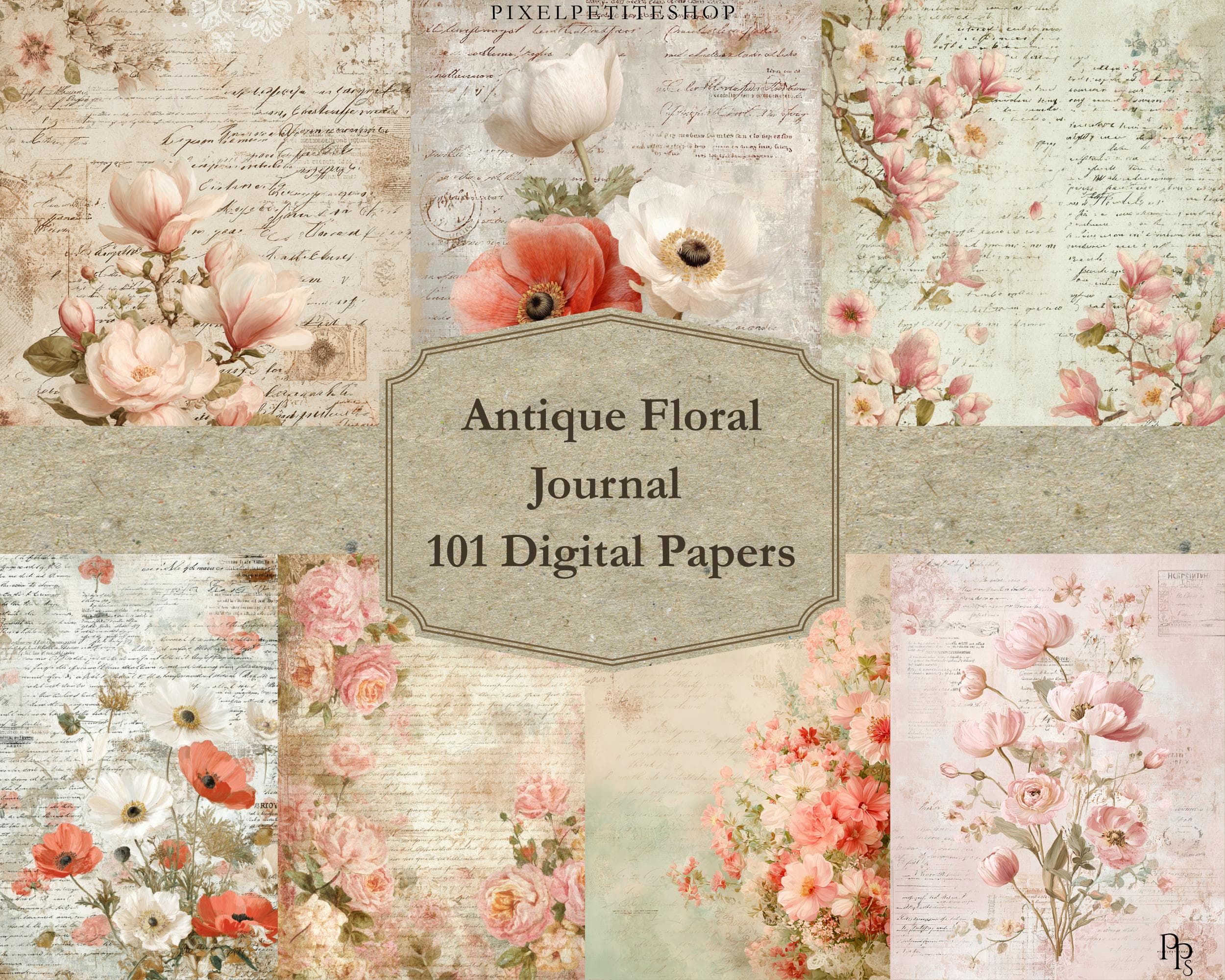 Antique Floral Digital Papers: Muted Botanical Ephemera (101 Pages) (Digital Download)