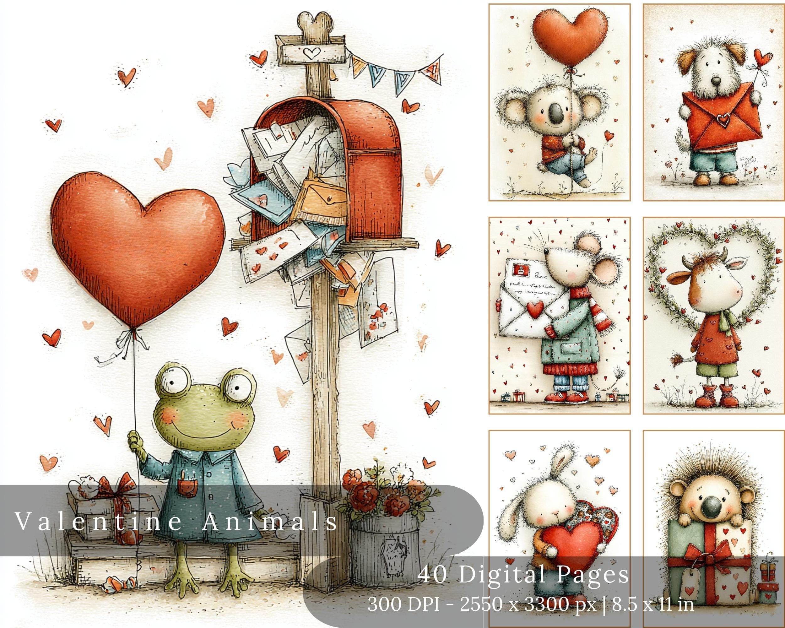 Whimsical Valentine Animals Scrapbook Pages | Soft Pastel Valentine Ephemera (Digital Download)