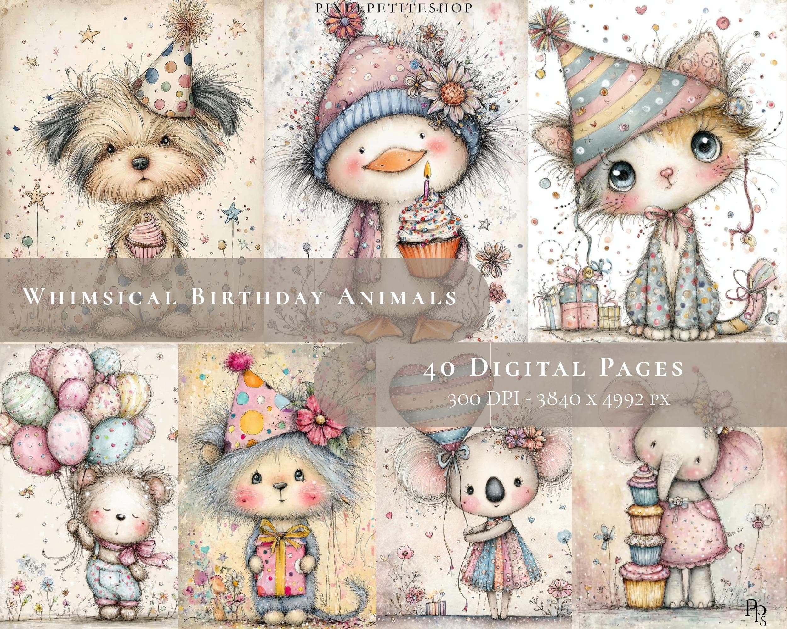 Whimsical Birthday Animals Clipart | Party Illustrations (Digital Download)