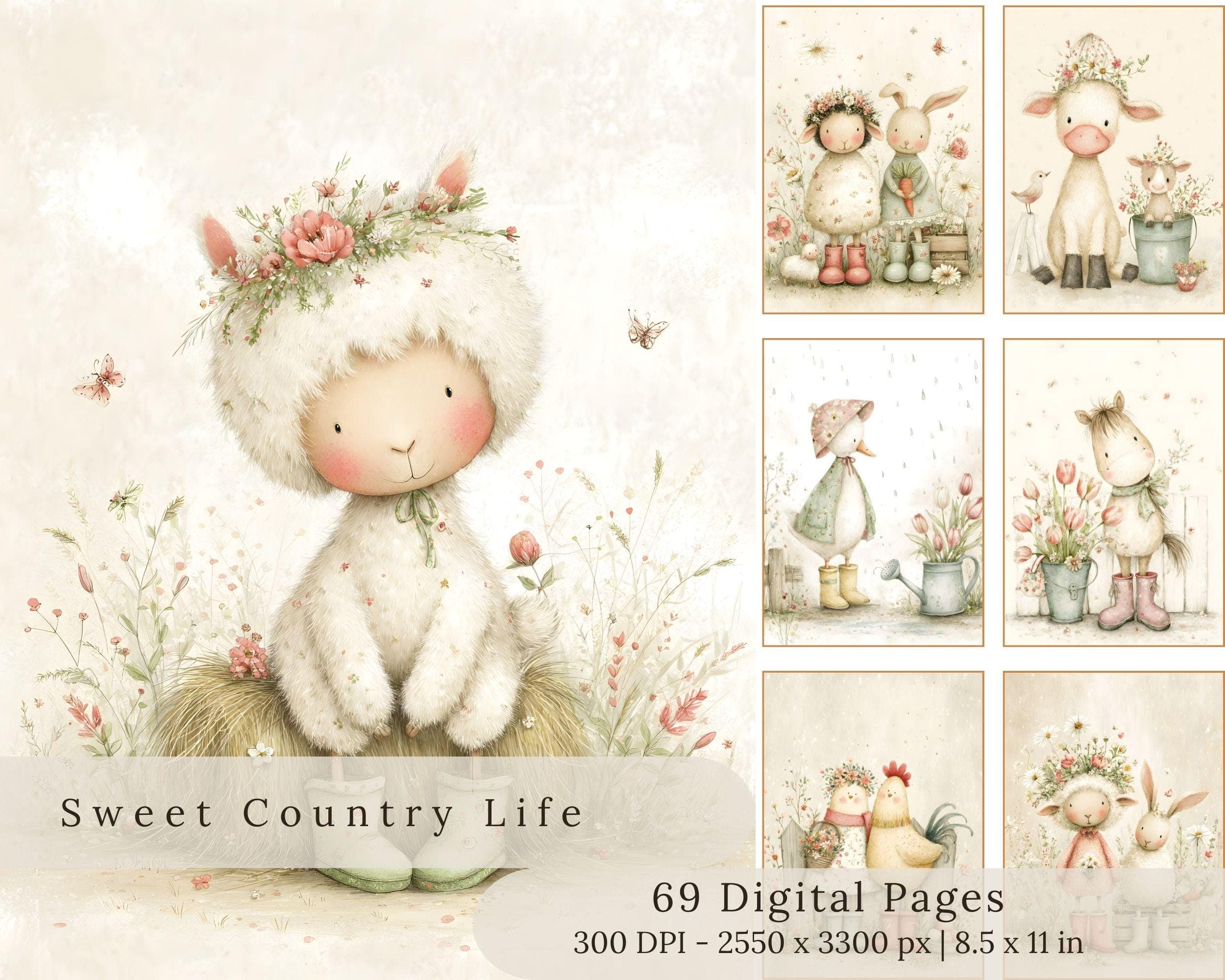 Easter Farm Animals Digital Pages | Springtime Illustrations (Digital Download)