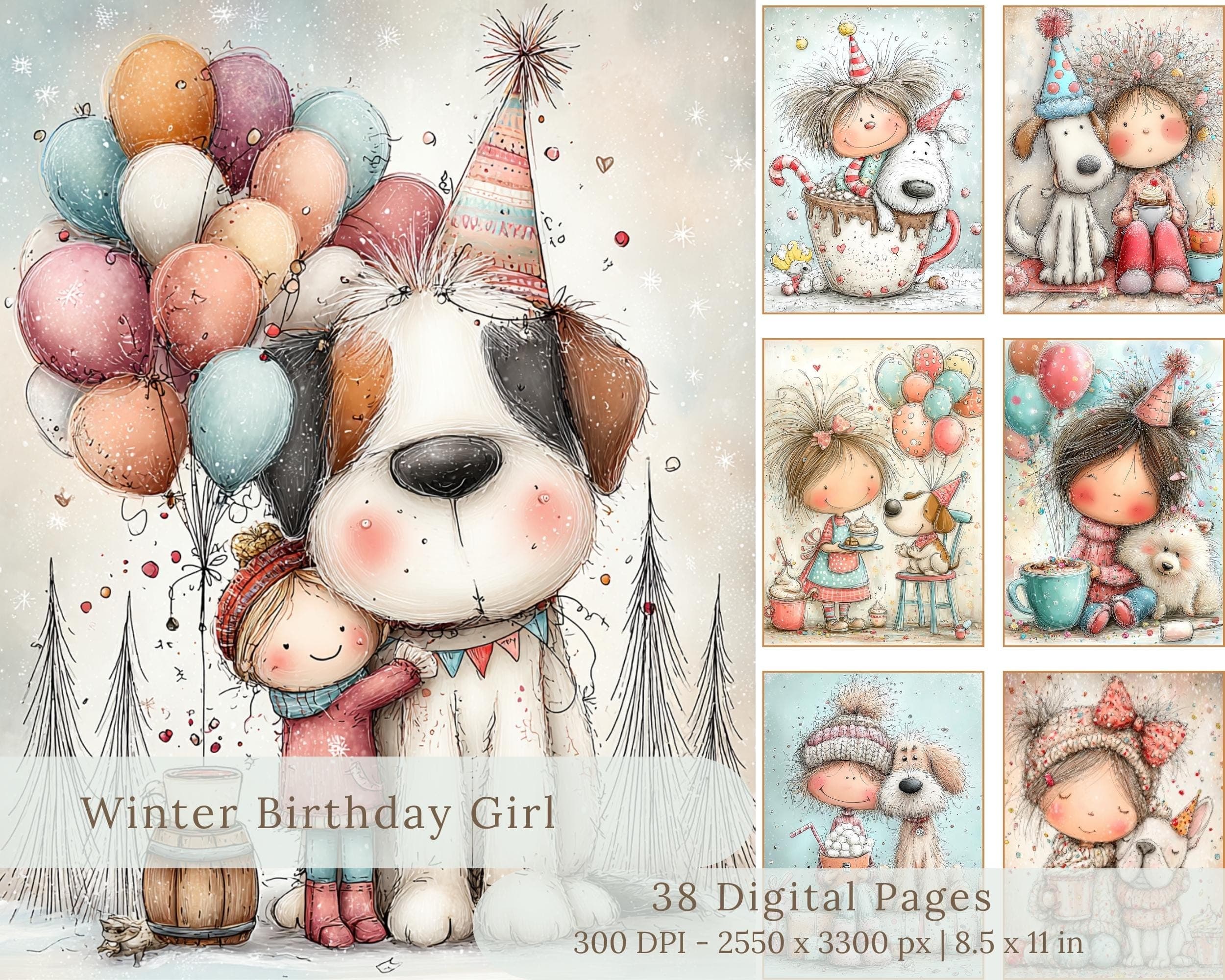 Winter Birthday Girl Junk Journal Pages | Girl and Dog Watercolor Illustrations (Digital Download)