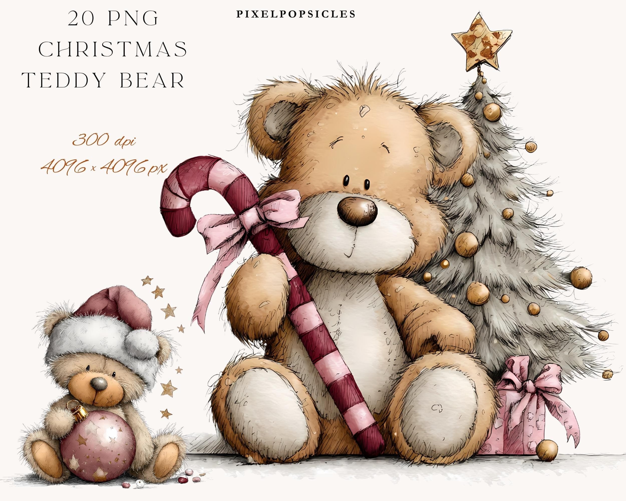 Sweet Christmas Teddy Bear Clipart: Watercolor PNG Images (Digital Download)