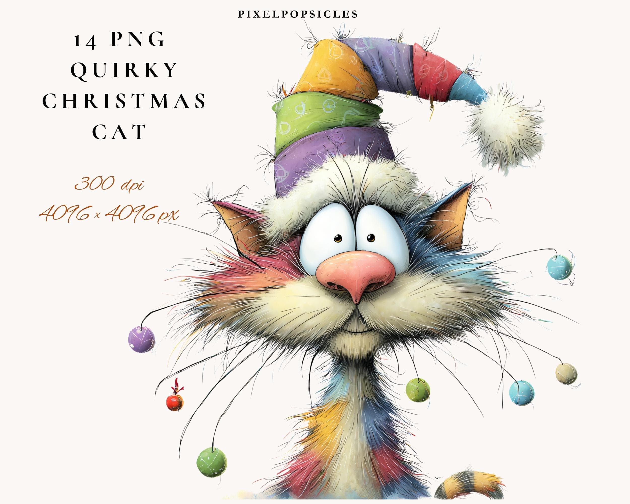 Whimsical Christmas Cats Watercolor Clipart: High-Res PNGs