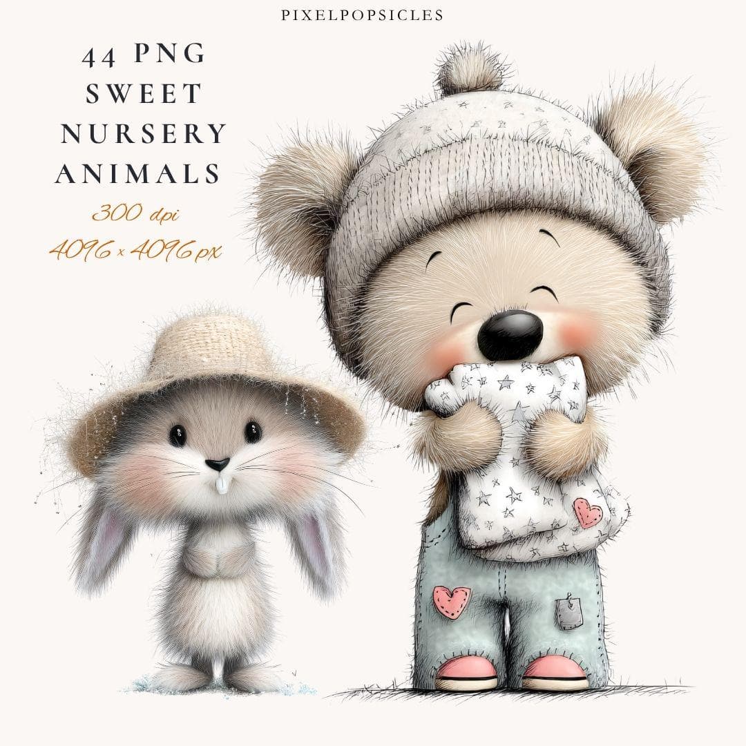 Watercolor Nursery Animals Clipart: 44 Baby Animal PNGs