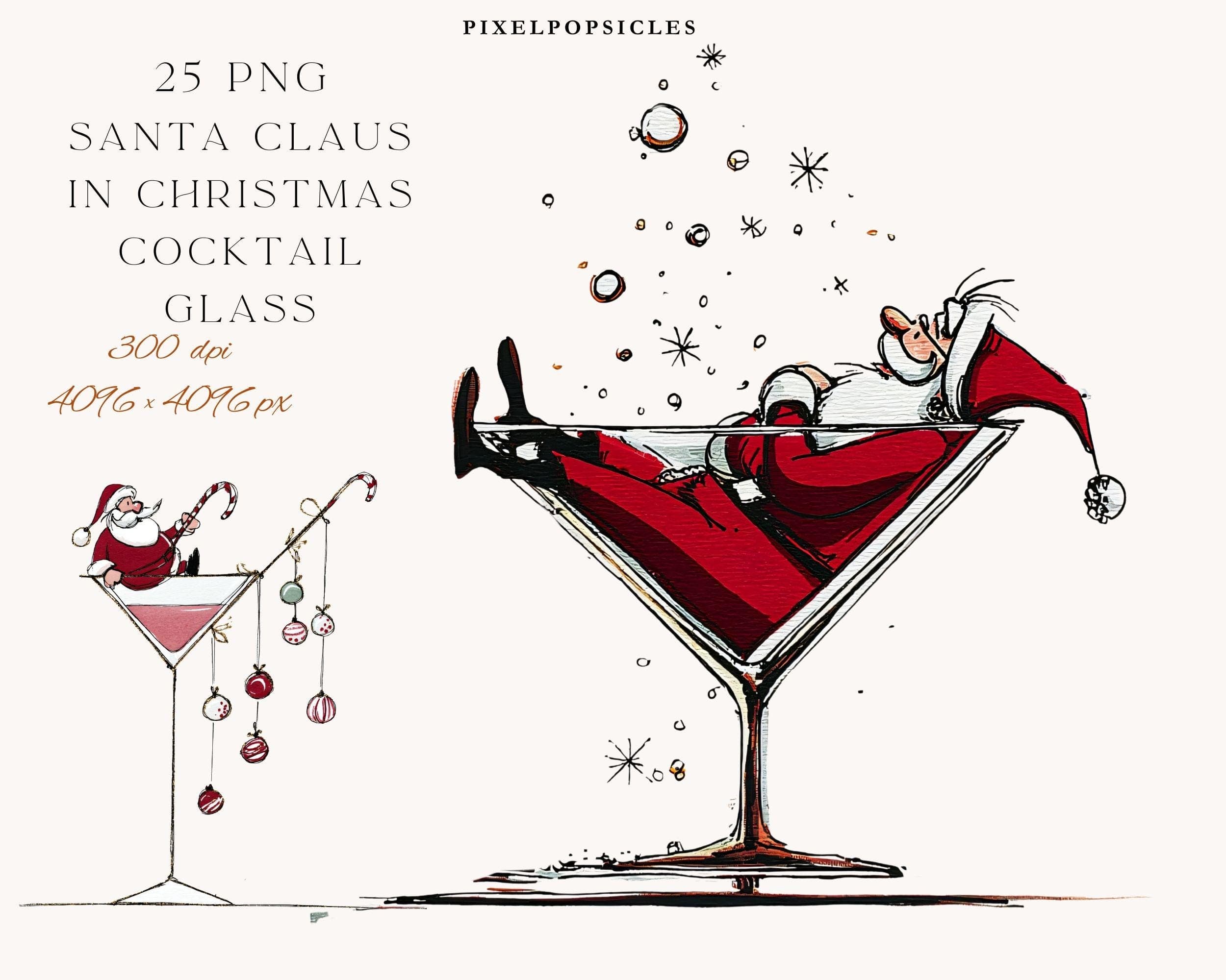 Funny Santa Claus Christmas Cocktail Clipart: Minimalist Holiday PNG