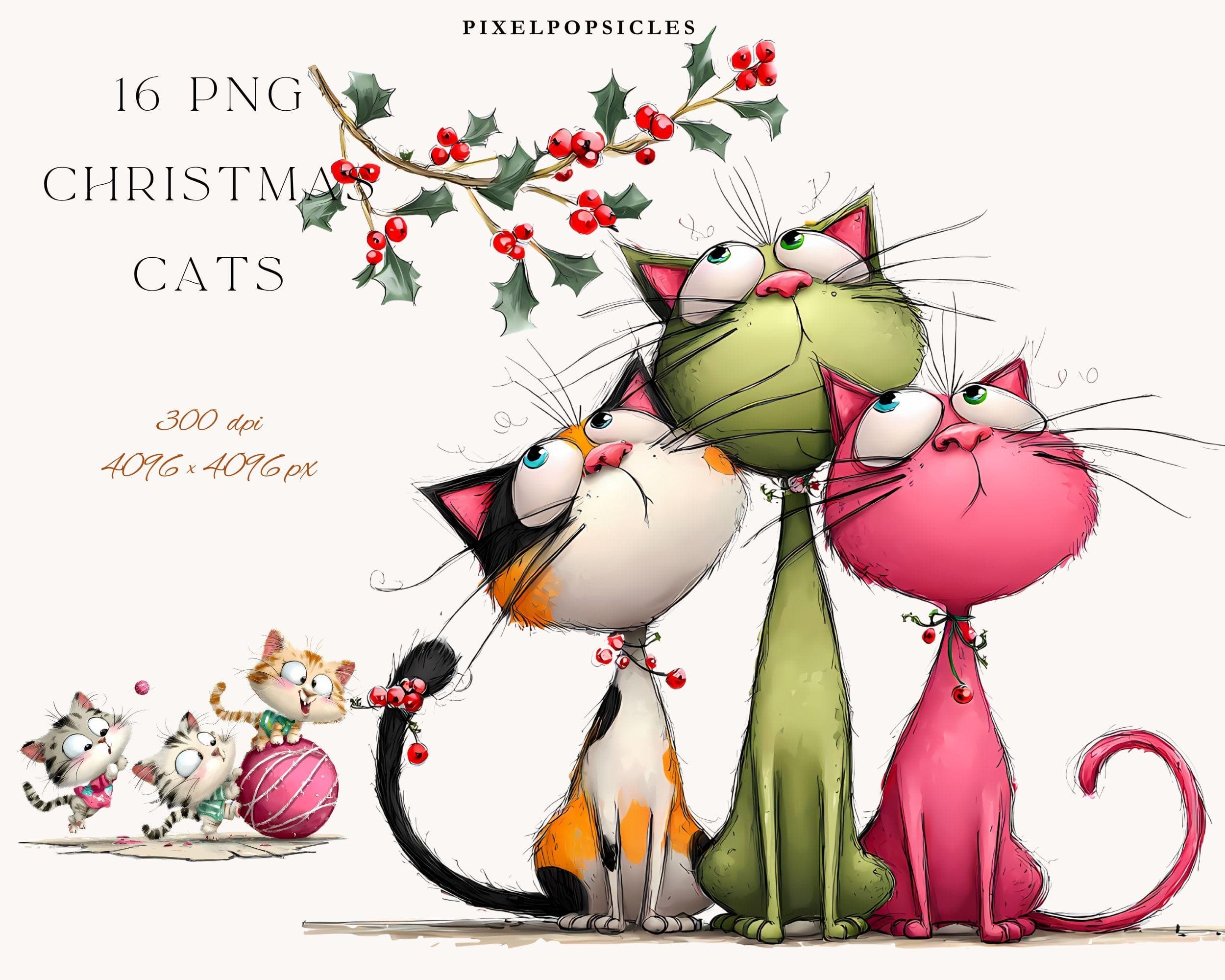 Whimsical Christmas Cats Watercolor Clipart: High-Res PNGs 