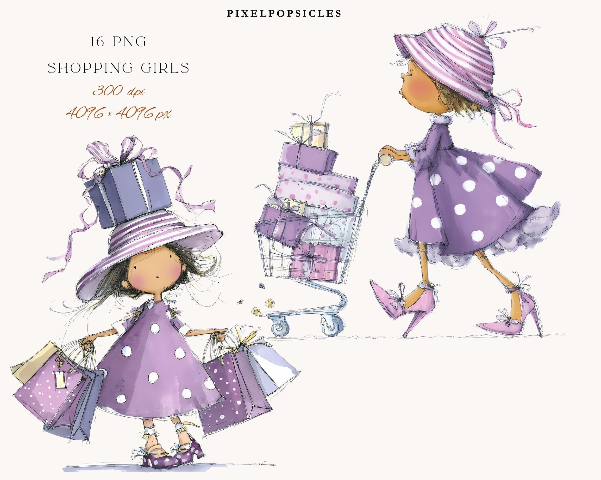 Shopping Girls Clipart Set Clipart: Fashion Holiday Illustrations (Digital Download)