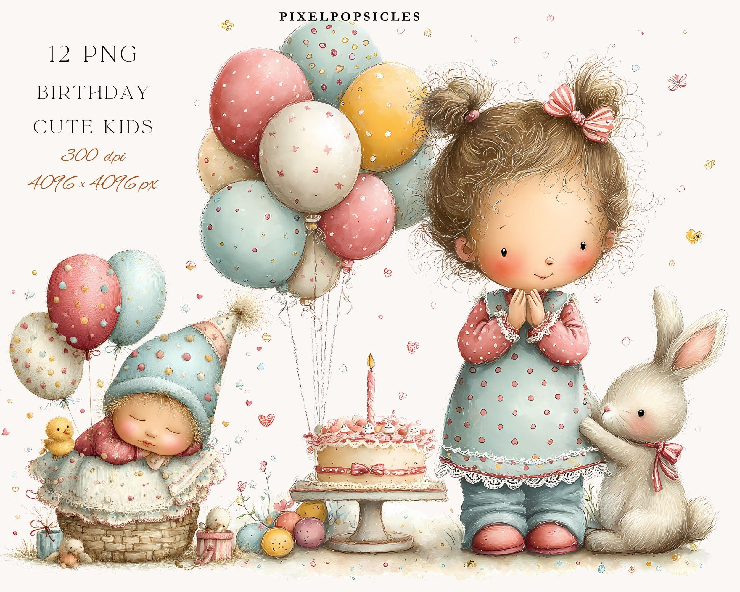 Birthday Kids Watercolor Clipart: Whimsical Cake Designs 