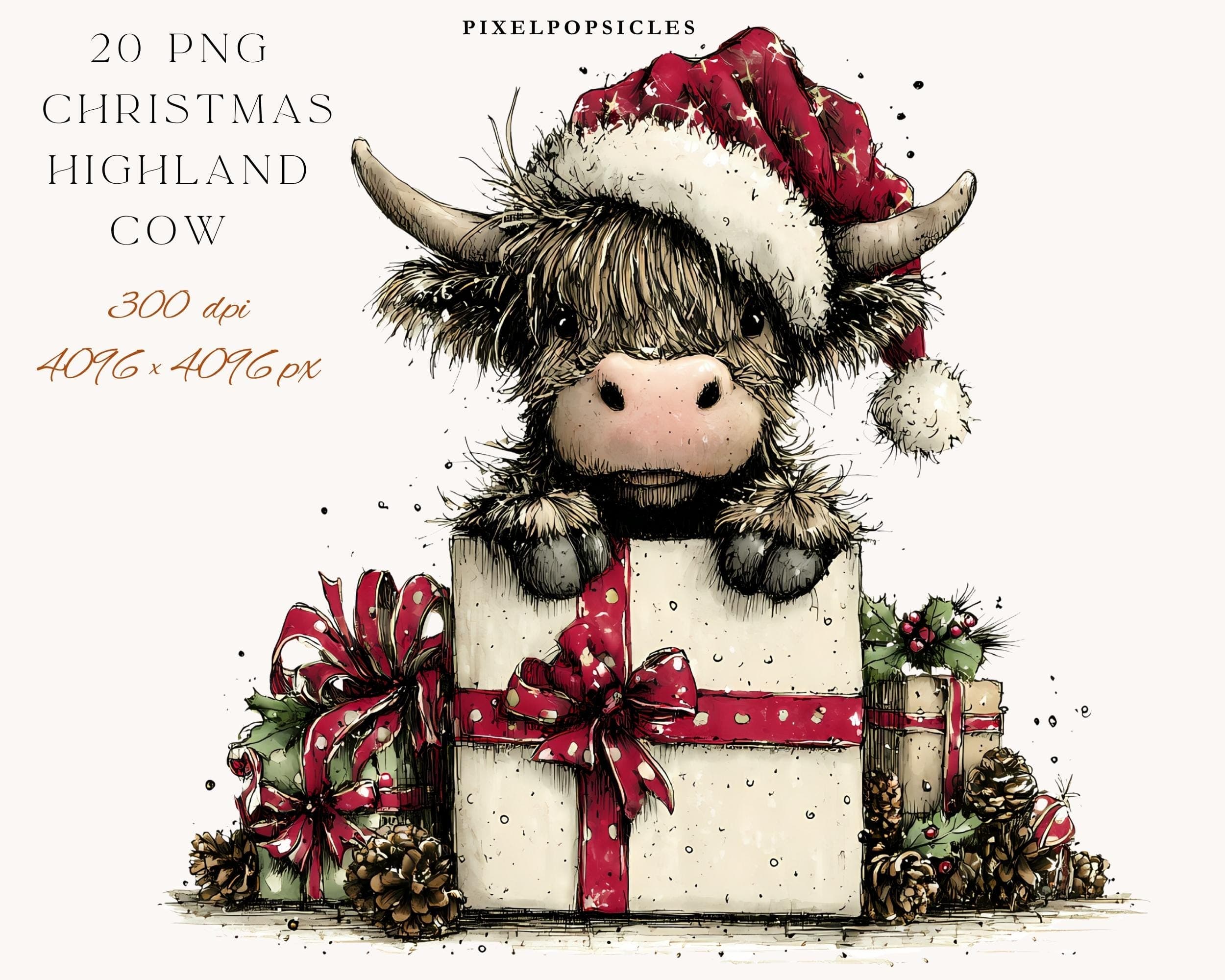 Christmas Highland Cow Clipart: Holiday PNGs for Commercial Use (Digital Download)