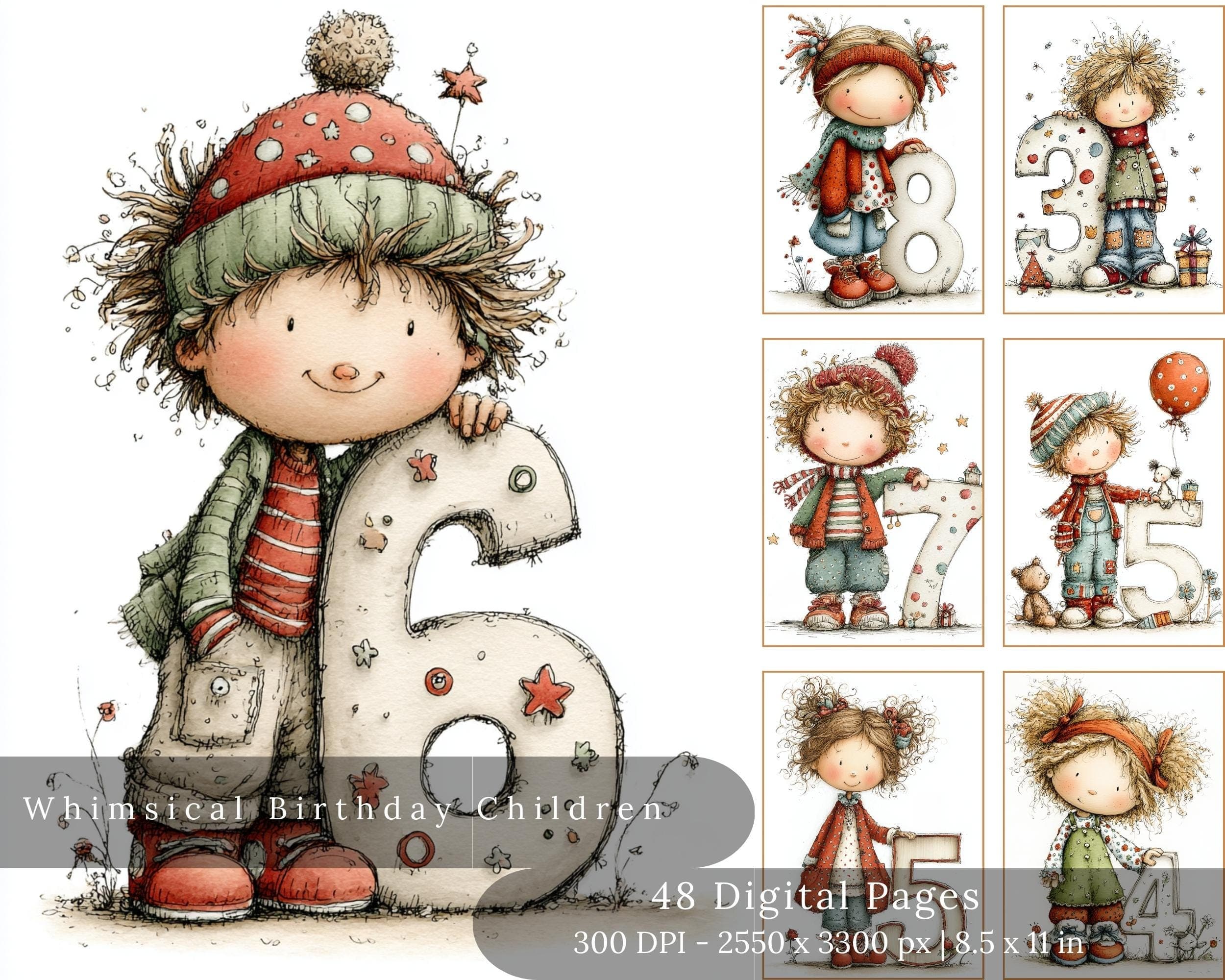 Whimsical Birthday Children Digital Pages | Soft Storybook Style Illustrations (Digital Download)