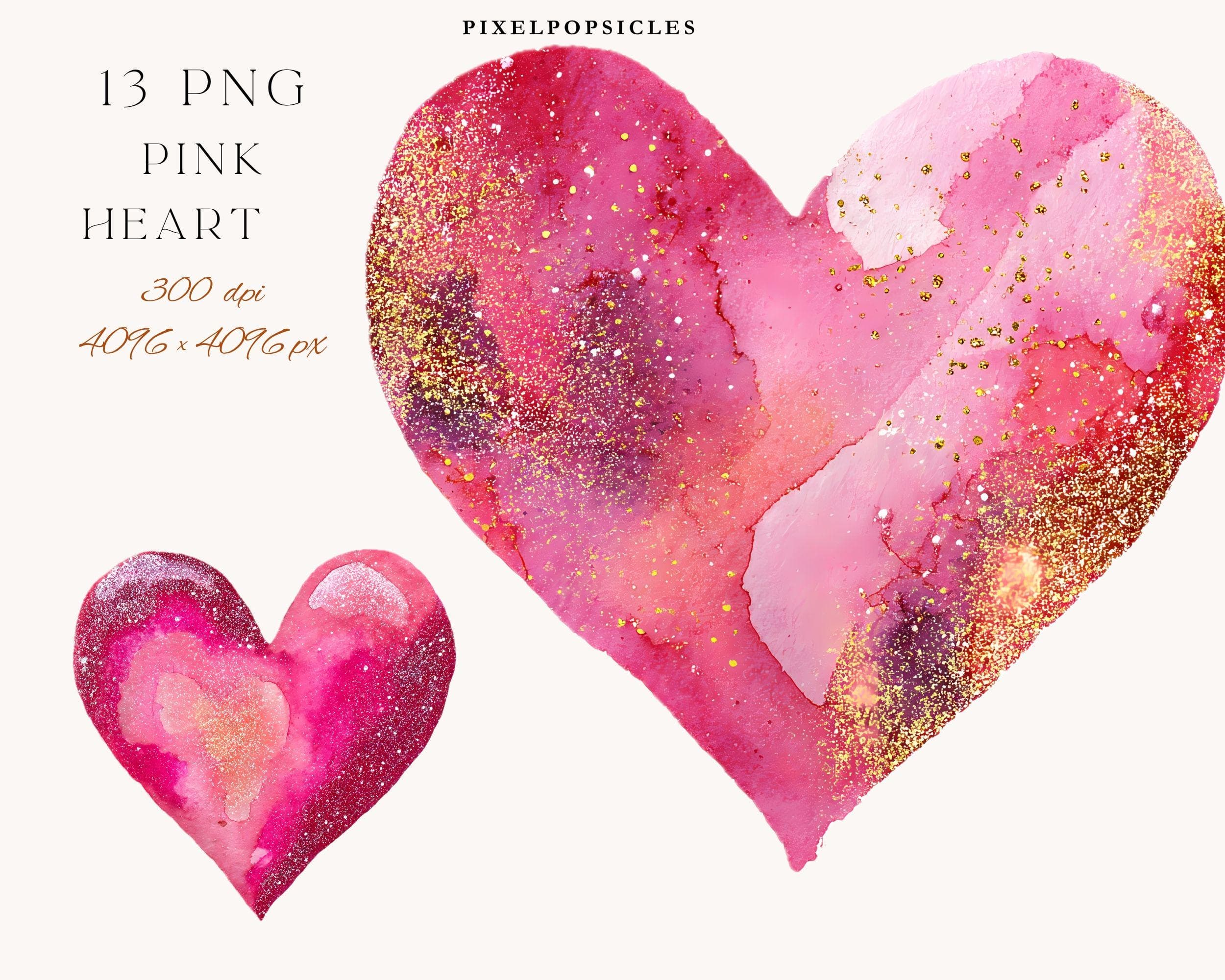 Pink Watercolor Heart Clipart: 4096x4096 PNG & JPG (Digital Download)