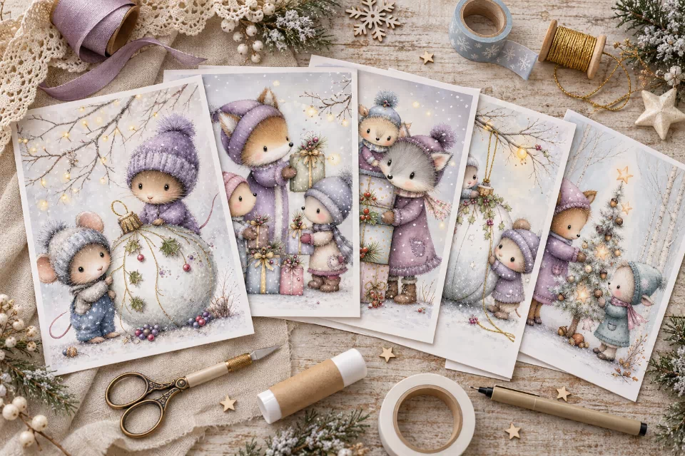 Purple Christmas printable pages arranged with scissors, ribbon, lace, washi tape, glue, gold cord, and other junk-journaling supplies.