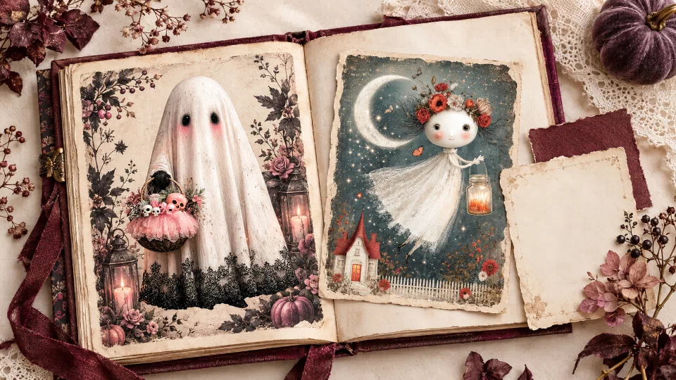 Gothic Halloween journal mockup with a lace-trimmed ghost carrying a basket and a flower-crowned ghost holding a lantern beneath a moon.