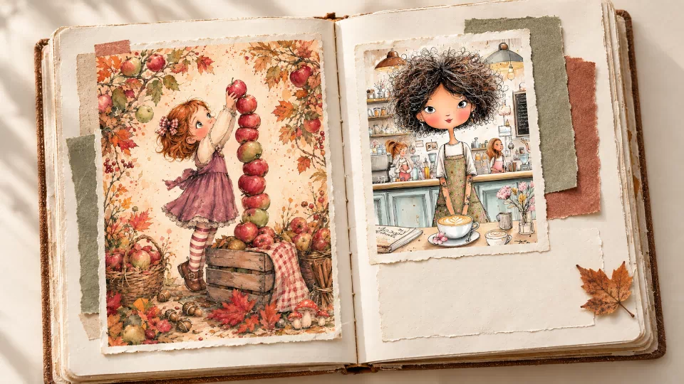Autumn journal mockup with an illustrated girl stacking apples and a curly-haired barista beside a latte, on warm cream pages.