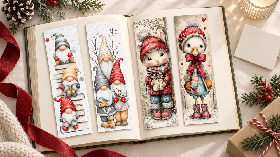 Four printable bookmark mockups featuring Scandinavian gnomes, a winter mouse holding a gift, and a duck in a red hat and bow.