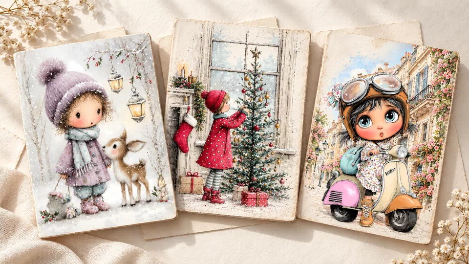 Three journal cover mockups with a winter woodland child and deer, a vintage child decorating a Christmas tree, and a City Explorer scooter girl.