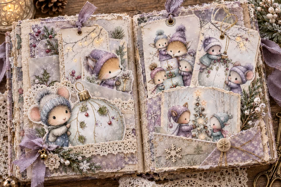 Open Christmas junk journal layered with lavender watercolor pages, woodland mice, gift tags, lace, ribbons, and paper pockets.