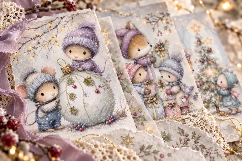 Close-up of lavender and icy-blue woodland Christmas printables layered with torn paper, cream lace, ribbon, berries, and gold thread.