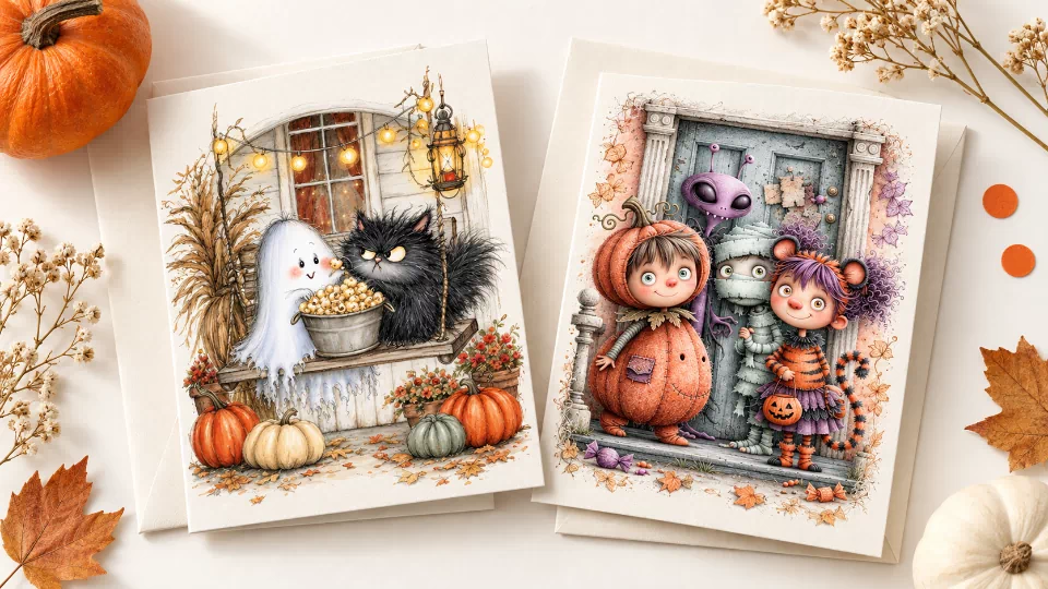 Two Halloween card mockups showing a friendly ghost and black cat sharing popcorn, and children in pumpkin, mummy, and tiger costumes.