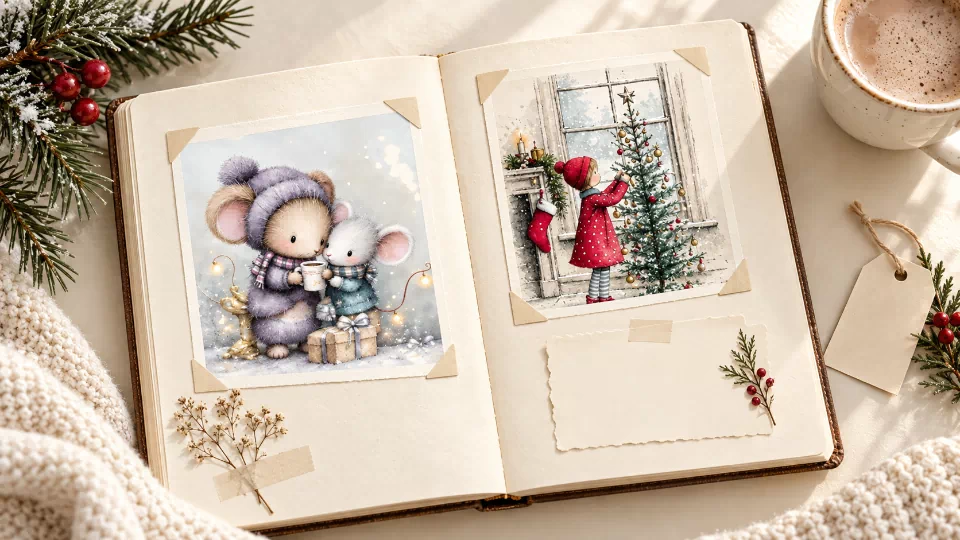 Winter memory journal mockup featuring illustrated mice sharing a cup and a vintage child decorating a Christmas tree.