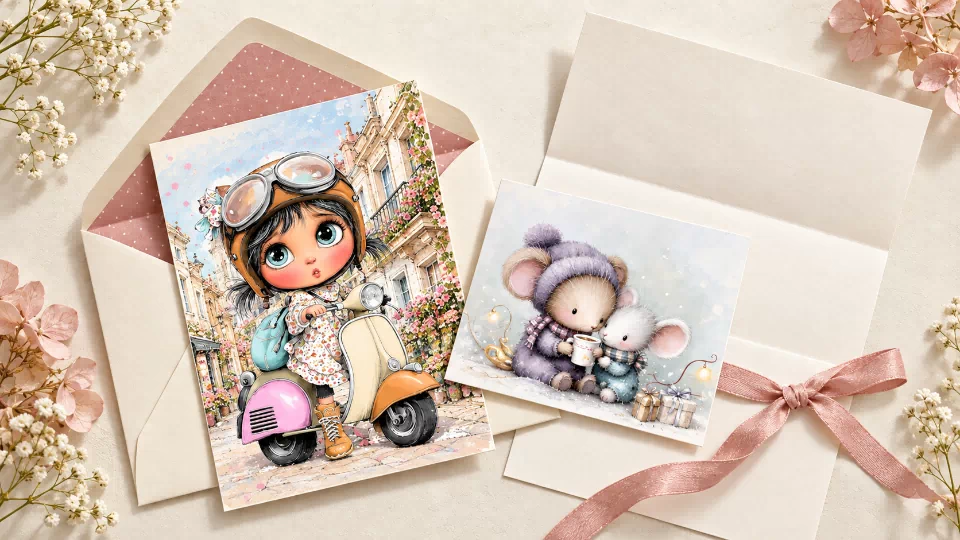 Happy mail mockup with an open envelope, a City Explorer scooter girl card, a woodland mice card, and a pink ribbon.