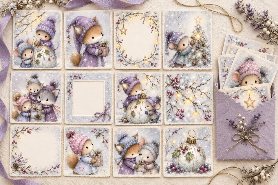 Twelve pastel Christmas journaling cards featuring bundled woodland animals, glowing branches, ornaments, gifts, and blank writing spaces.