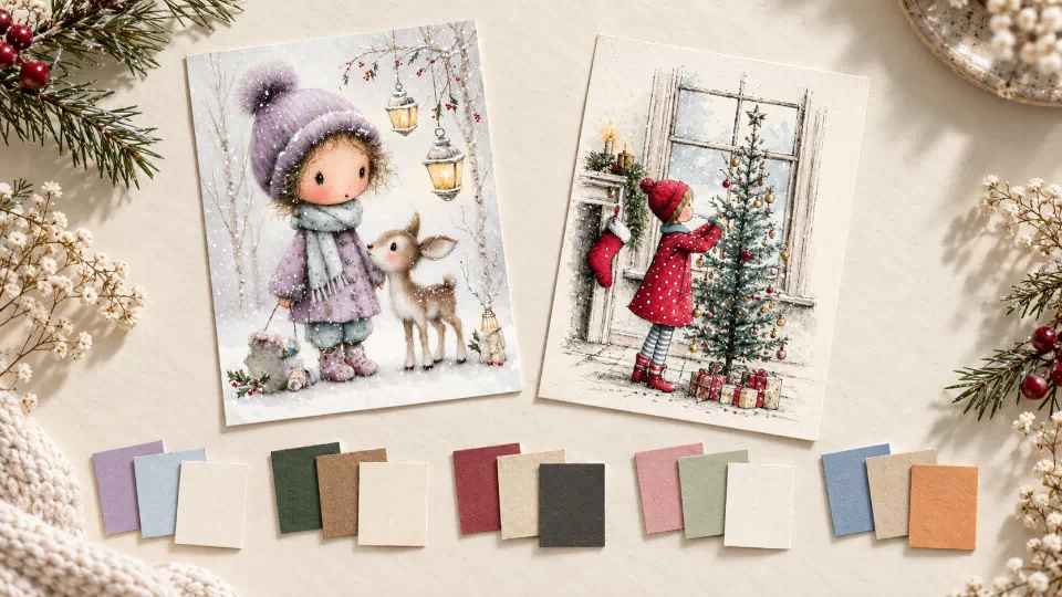 Winter woodland and vintage Christmas illustrations above five groups of coloured paper swatches on a cream background.