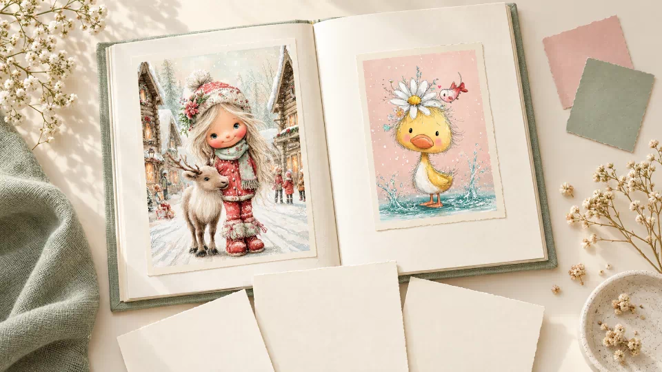 New Year journal mockup with a winter girl and reindeer, a yellow duck wearing a daisy, and blank cream cards for personal reflections.
