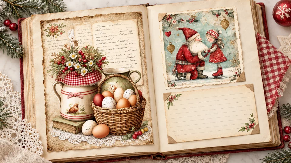 Christmas recipe journal mockup with a basket of eggs, ceramic jugs, and a vintage Santa giving a gift to a child on ice skates.