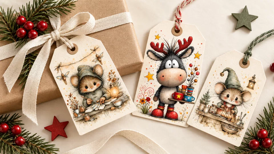 Christmas gift-tag mockups showing two workshop mice and a quirky donkey with red antlers and colourful cups beside a wrapped parcel.